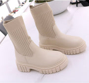 TENISHA CREAM FAUX LEATHER PU ANKLE CHNUKY SOLE KNITTED SOCK BOOTS