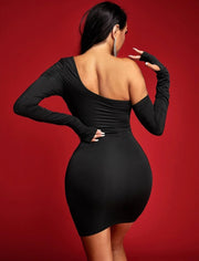 KADY BLACK ASYMMETRIC NECK CUT OUT BODYCON MINI DRESS