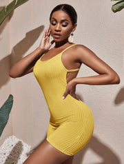 Imani Yellow Ribbed Strappy Backless Playsuit