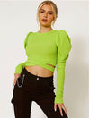 Puff Sleeve Lime Green Ribbed Crop Top 0502