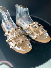 LYRA BEIGE GOLD STUDDED CAGGED SLIDERS