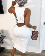 White Katrina Zipper Design Cut Out Lace Up Midi Bodycon Dress 0111