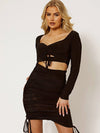 Slinky Cut Out Ruched Black Crop Top & Skirt Co-ord 0602